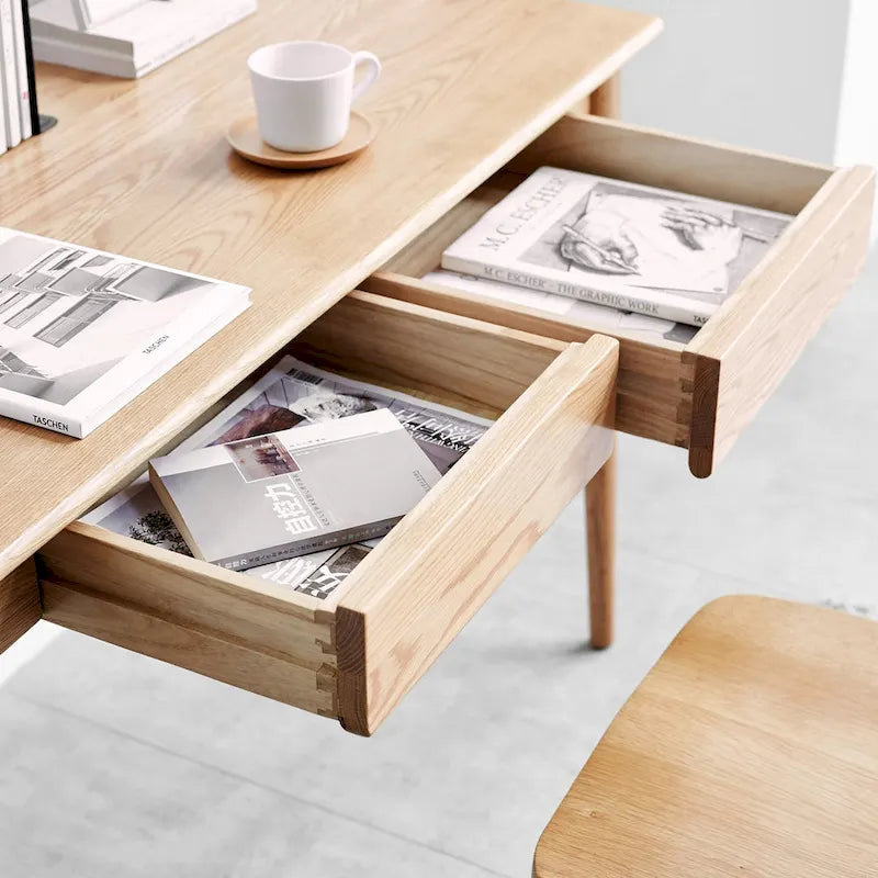 Schreibtisch aus Massivholz für Studium und Computer, 2 Schubladen, Kabelöffnung, Natureiche