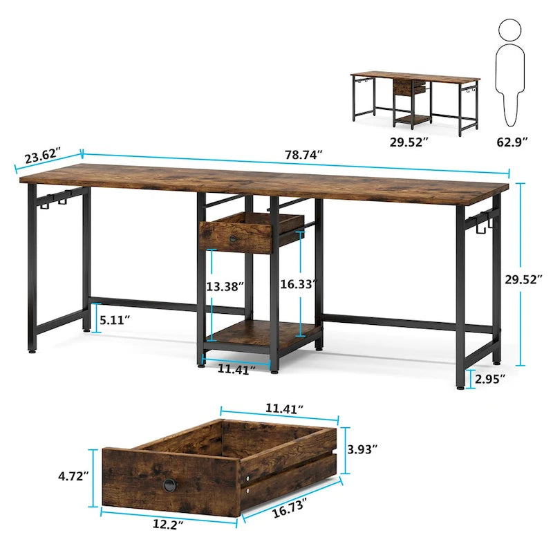 78-Inch Two-Person Industrial Desk 2 Drawers CPU Shelf S-Hooks Rustic Brown
