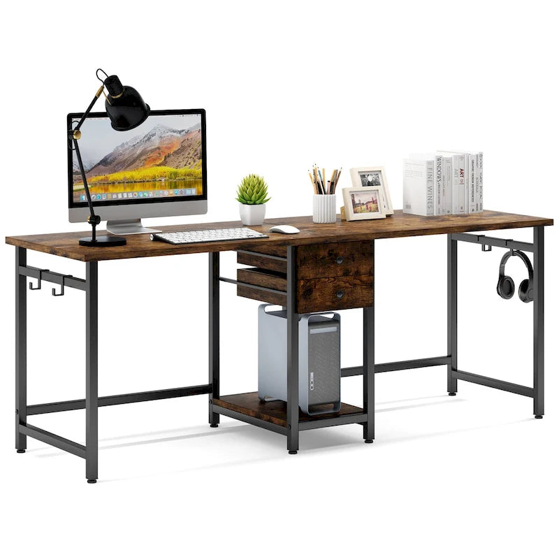 78-Inch Two-Person Industrial Desk 2 Drawers CPU Shelf S-Hooks Rustic Brown