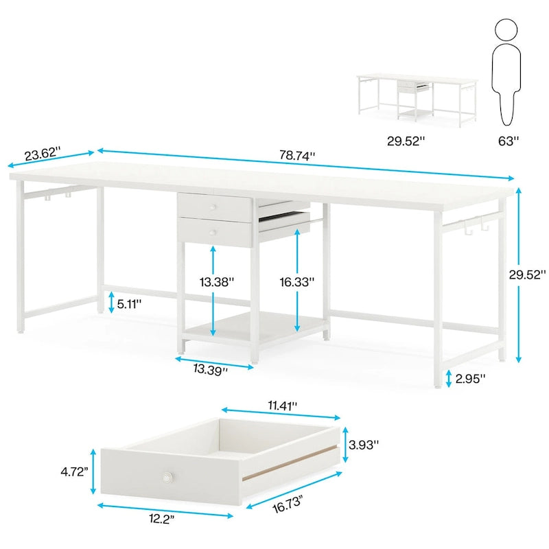78-Inch Two-Person Industrial Desk 2 Drawers CPU Shelf S-Hooks Rustic Brown