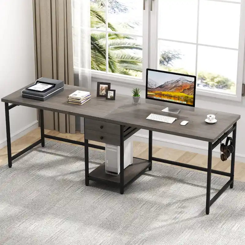 78-Inch Two-Person Industrial Desk 2 Drawers CPU Shelf S-Hooks Rustic Brown