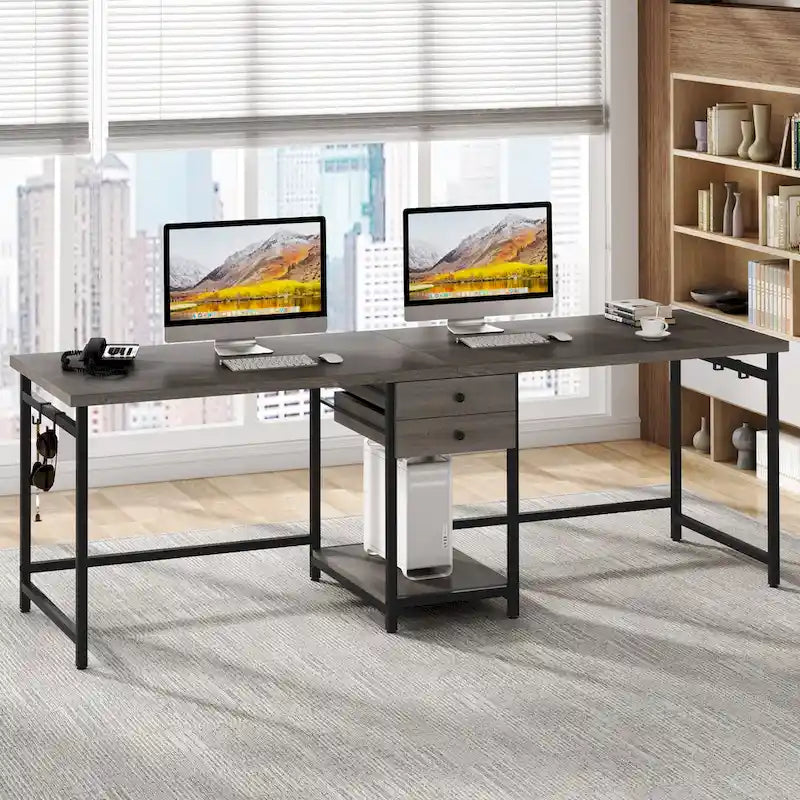 78-Inch Two-Person Industrial Desk 2 Drawers CPU Shelf S-Hooks Rustic Brown