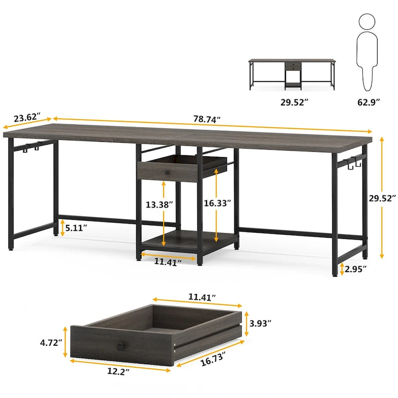 78-Inch Two-Person Industrial Desk 2 Drawers CPU Shelf S-Hooks Rustic Brown