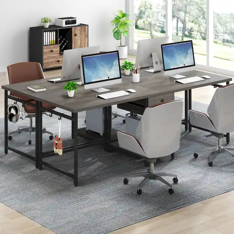 78-Inch Two-Person Industrial Desk 2 Drawers CPU Shelf S-Hooks Rustic Brown