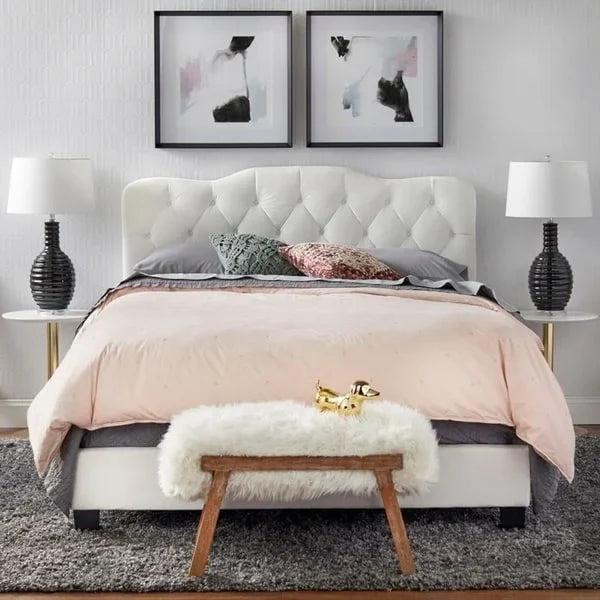 Queen Camelback Headboard Button Tufted Velvet Hardwood Plywood Grey White Sand