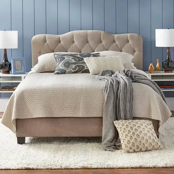 Queen Camelback Headboard Button Tufted Velvet Hardwood Plywood Grey White Sand