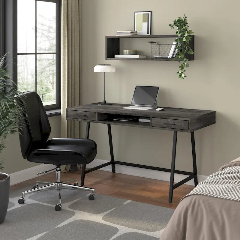 Industrial 54W Writing Desk 2 Drawers Open Storage Metal Legs