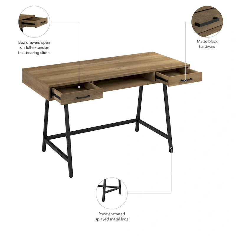 Industrial 54W Writing Desk 2 Drawers Open Storage Metal Legs