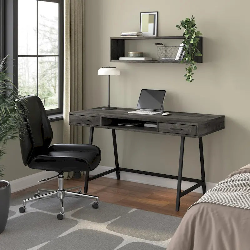 Industrial 54W Writing Desk 2 Drawers Open Storage Metal Legs