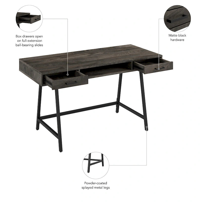 Industrial 54W Writing Desk 2 Drawers Open Storage Metal Legs