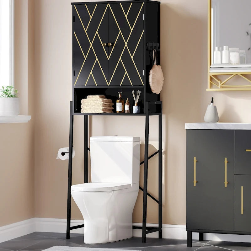 170,2-cm-Aufbewahrungsschrank über der Toilette mit Türen im Rautenmuster und offenem Fach, Schwarz-Weiß