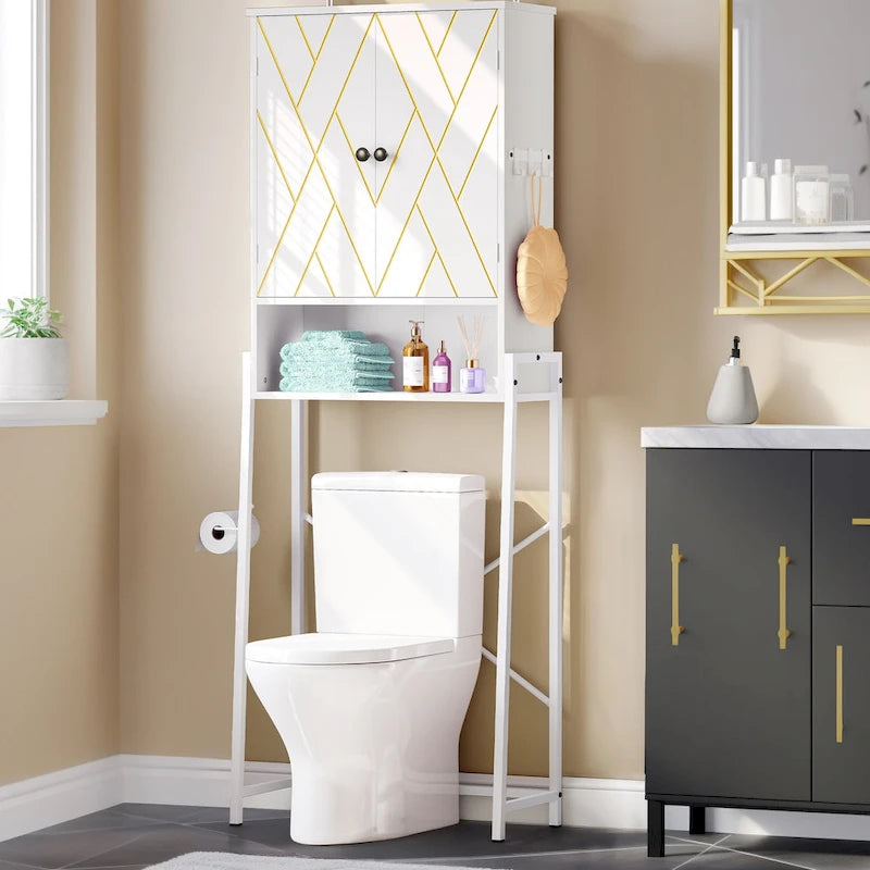 Mobile contenitore da 67 pollici sopra il WC, ante con motivo a diamante, ripiano aperto, bianco e nero
