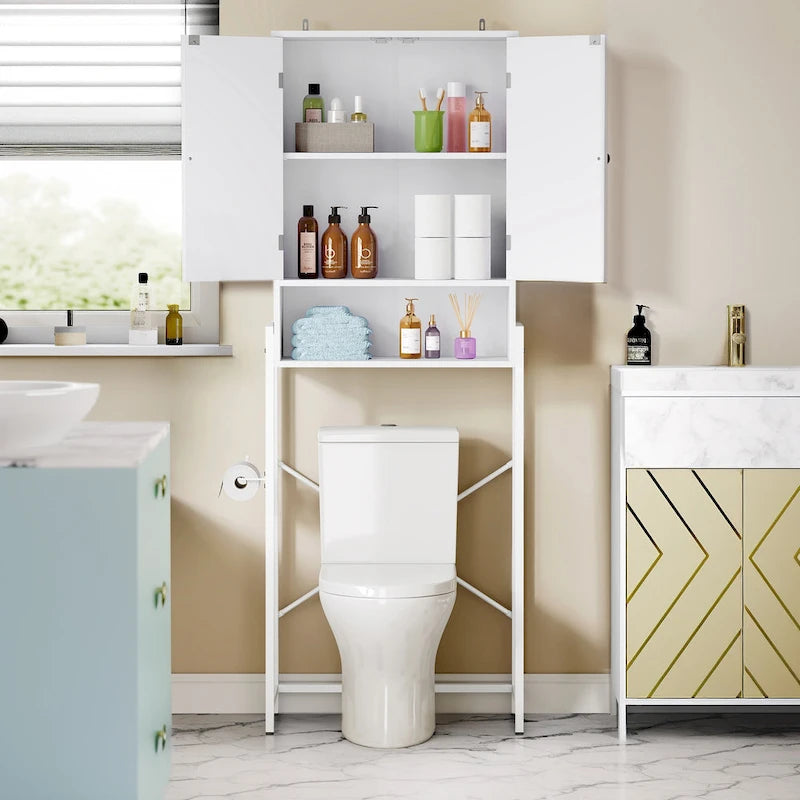 170,2-cm-Aufbewahrungsschrank über der Toilette mit Türen im Rautenmuster und offenem Fach, Schwarz-Weiß