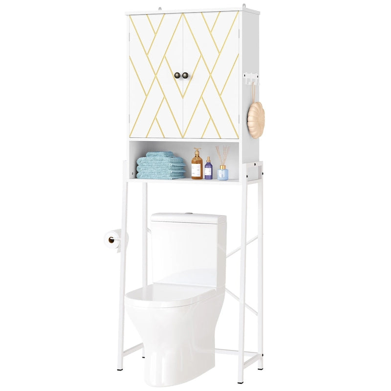 Mobile contenitore da 67 pollici sopra il WC, ante con motivo a diamante, ripiano aperto, bianco e nero