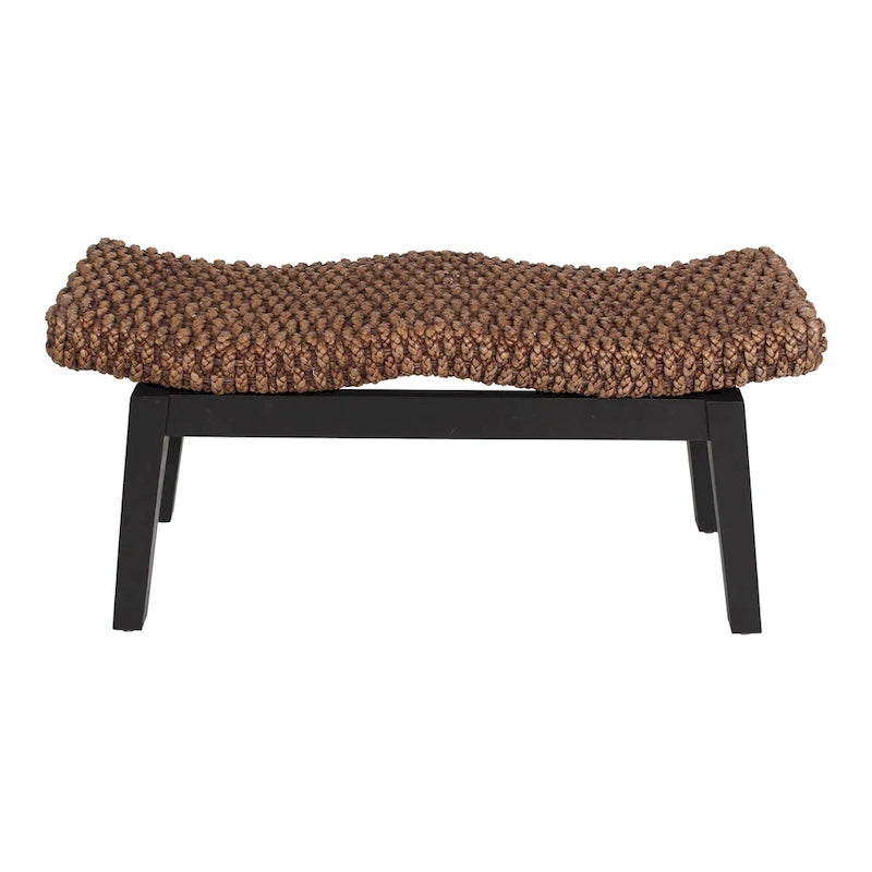 Handwoven Water Hyacinth Double-Wave Bench Teak Wood Legs Bohemian Coastal