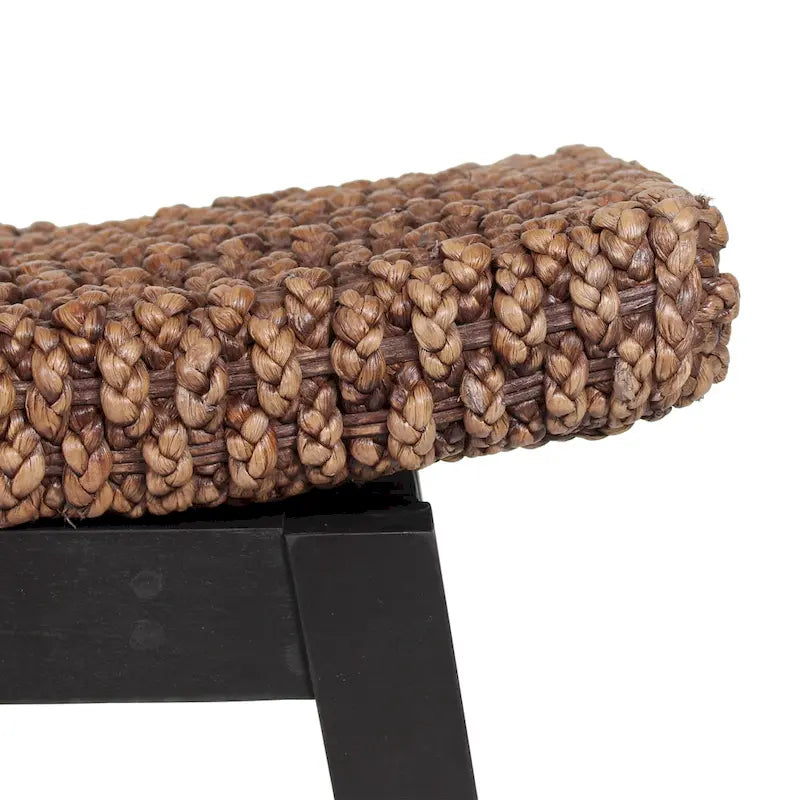 Handwoven Water Hyacinth Double-Wave Bench Teak Wood Legs Bohemian Coastal