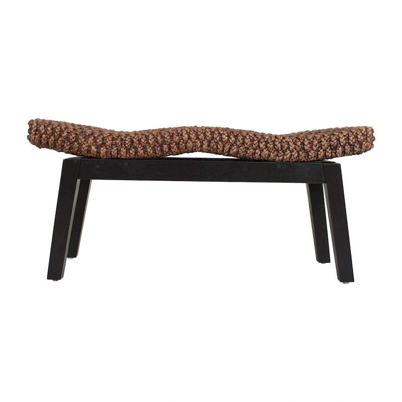 Handwoven Water Hyacinth Double-Wave Bench Teak Wood Legs Bohemian Coastal