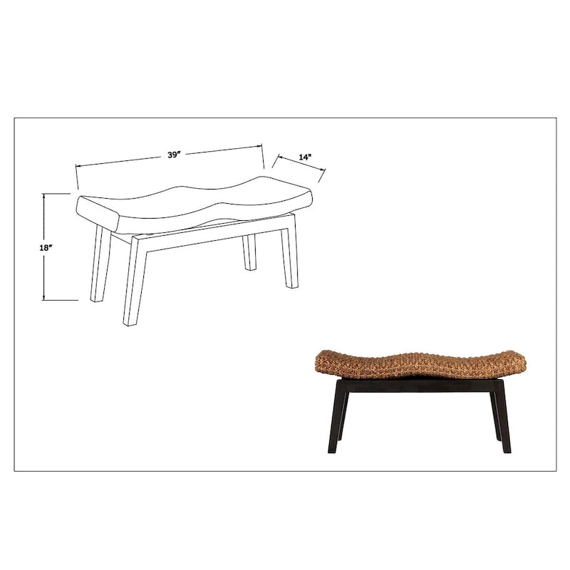 Handwoven Water Hyacinth Double-Wave Bench Teak Wood Legs Bohemian Coastal