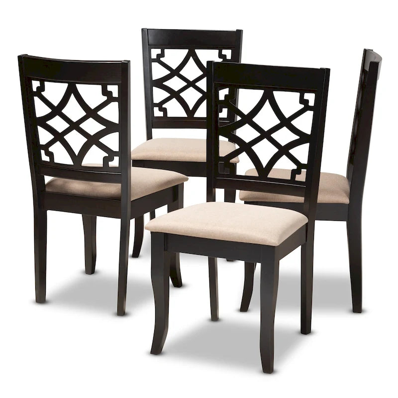 Set di 4 sedie da pranzo con schienale marocchino traforato, seduta in schiuma, gambe a sciabola, marrone espresso