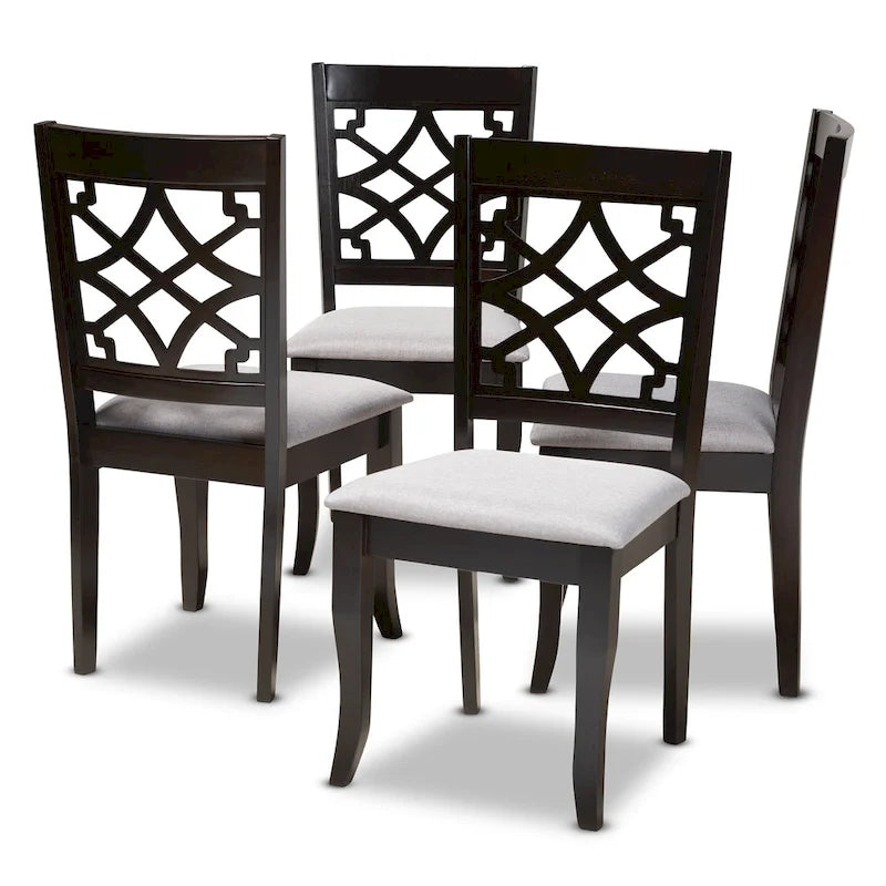 Set di 4 sedie da pranzo con schienale marocchino traforato, seduta in schiuma, gambe a sciabola, marrone espresso