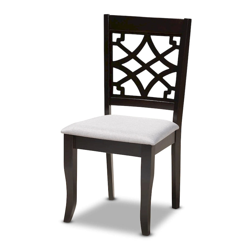 Set di 4 sedie da pranzo con schienale marocchino traforato, seduta in schiuma, gambe a sciabola, marrone espresso