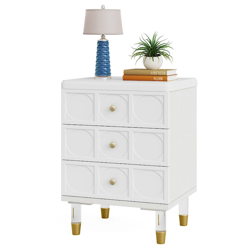 3-Drawer Nightstand Acrylic Gold Legs Arc Panel White Mid-Century Modern