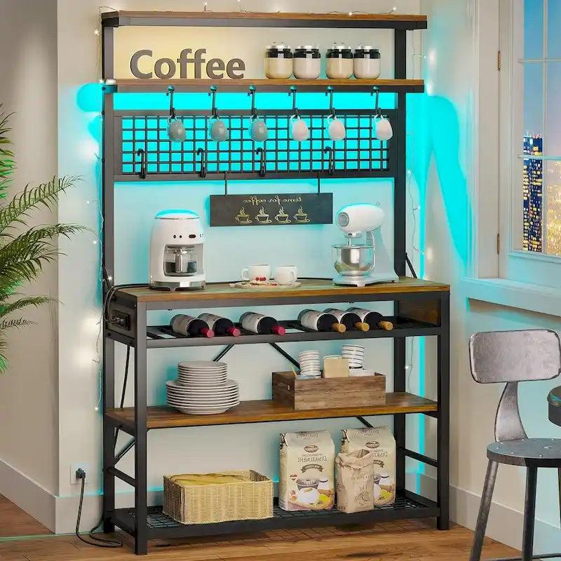 6-Tier Kitchen Bakers Rack Coffee Bar with LED Lights Power Outlet