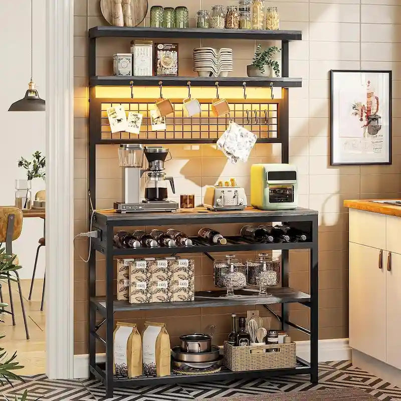 Küchenregal mit 6 Ebenen, Bäckerregal und Kaffeebar mit LED-Beleuchtung und Steckdose