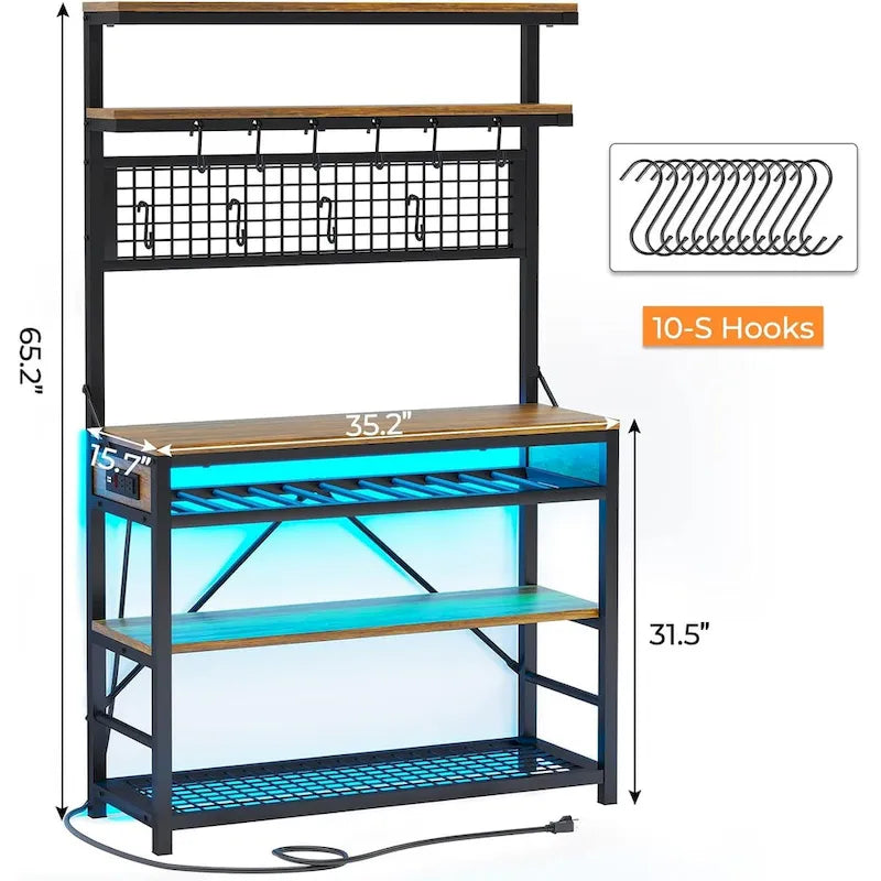 6-Tier Kitchen Bakers Rack Coffee Bar with LED Lights Power Outlet