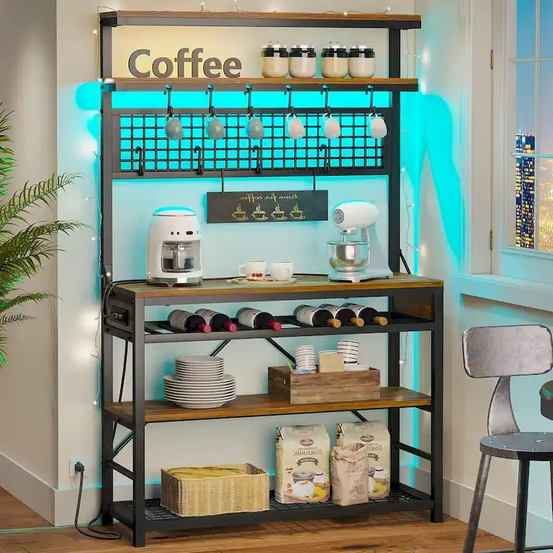 6-Tier Kitchen Bakers Rack Coffee Bar with LED Lights Power Outlet