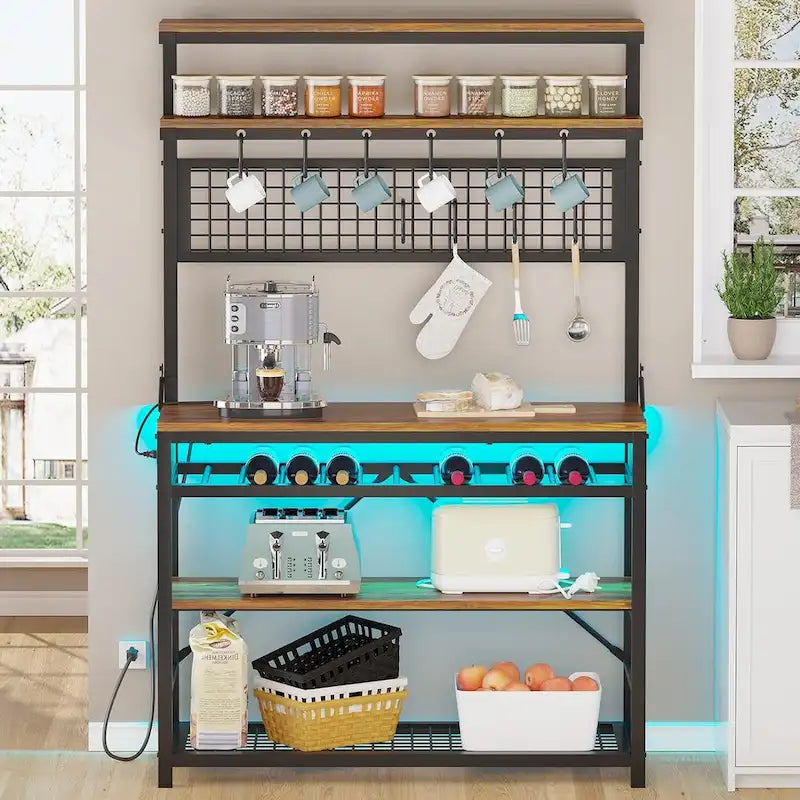 6-Tier Kitchen Bakers Rack Coffee Bar with LED Lights Power Outlet