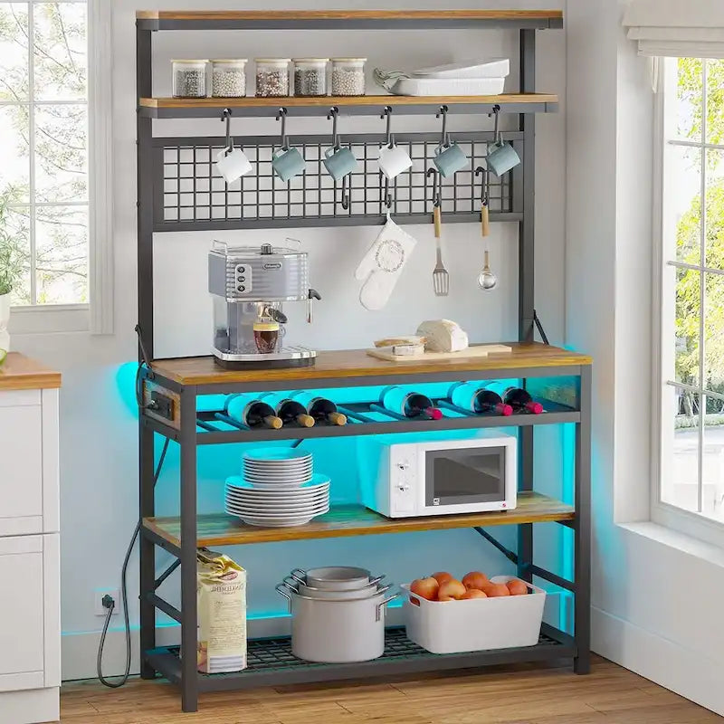 6-Tier Kitchen Bakers Rack Coffee Bar with LED Lights Power Outlet
