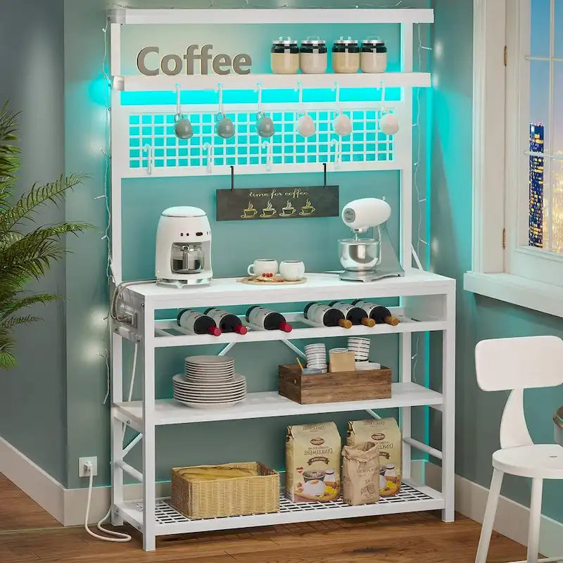 6-Tier Kitchen Bakers Rack Coffee Bar with LED Lights Power Outlet