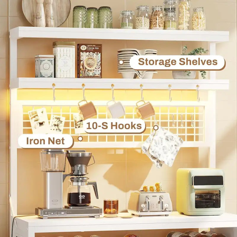 6-Tier Kitchen Bakers Rack Coffee Bar with LED Lights Power Outlet
