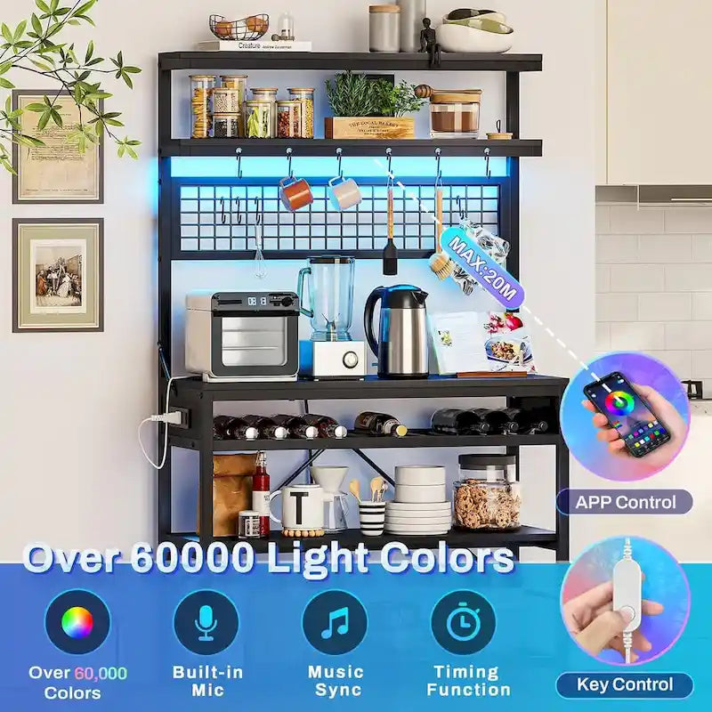6-Tier Kitchen Bakers Rack Coffee Bar with LED Lights Power Outlet