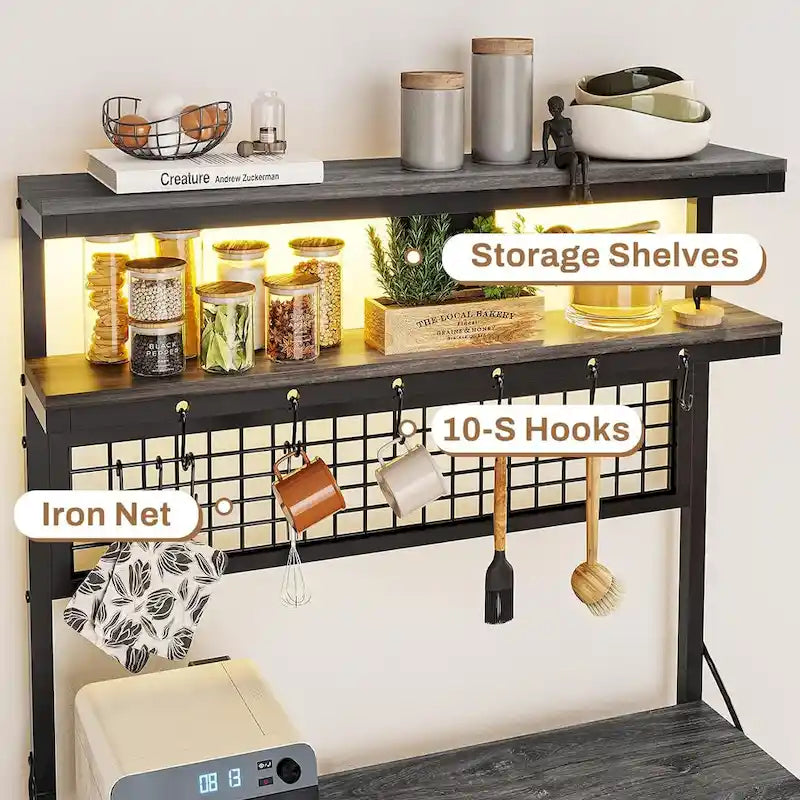 6-Tier Kitchen Bakers Rack Coffee Bar with LED Lights Power Outlet