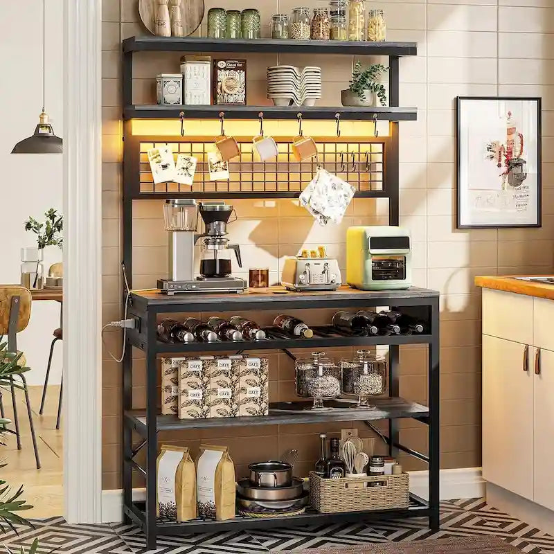 6-Tier Kitchen Bakers Rack Coffee Bar with LED Lights Power Outlet