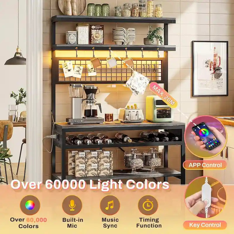 6-Tier Kitchen Bakers Rack Coffee Bar with LED Lights Power Outlet
