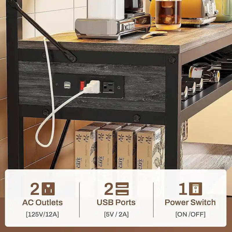 6-Tier Kitchen Bakers Rack Coffee Bar with LED Lights Power Outlet