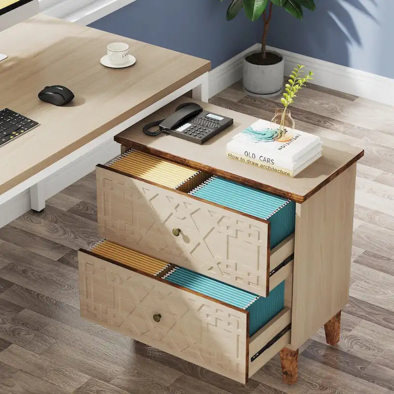 Seitlicher Aktenschrank mit 2 Schubladen, geometrischem Muster, beigefarbenem MDF und Beinen aus Massivholz