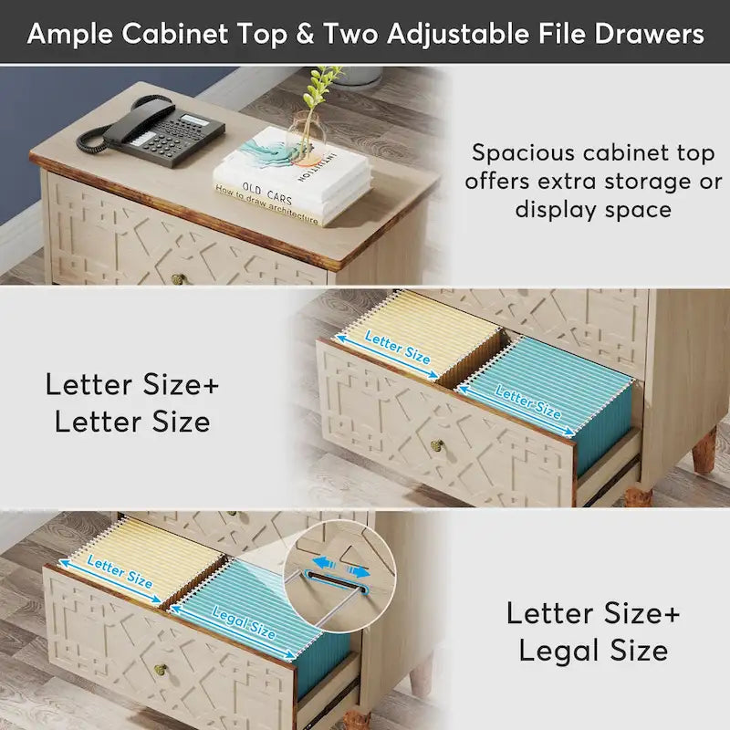 Seitlicher Aktenschrank mit 2 Schubladen, geometrischem Muster, beigefarbenem MDF und Beinen aus Massivholz