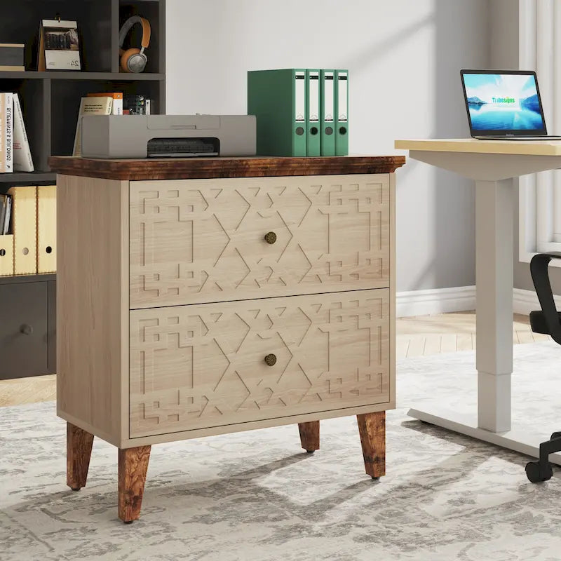 Seitlicher Aktenschrank mit 2 Schubladen, geometrischem Muster, beigefarbenem MDF und Beinen aus Massivholz