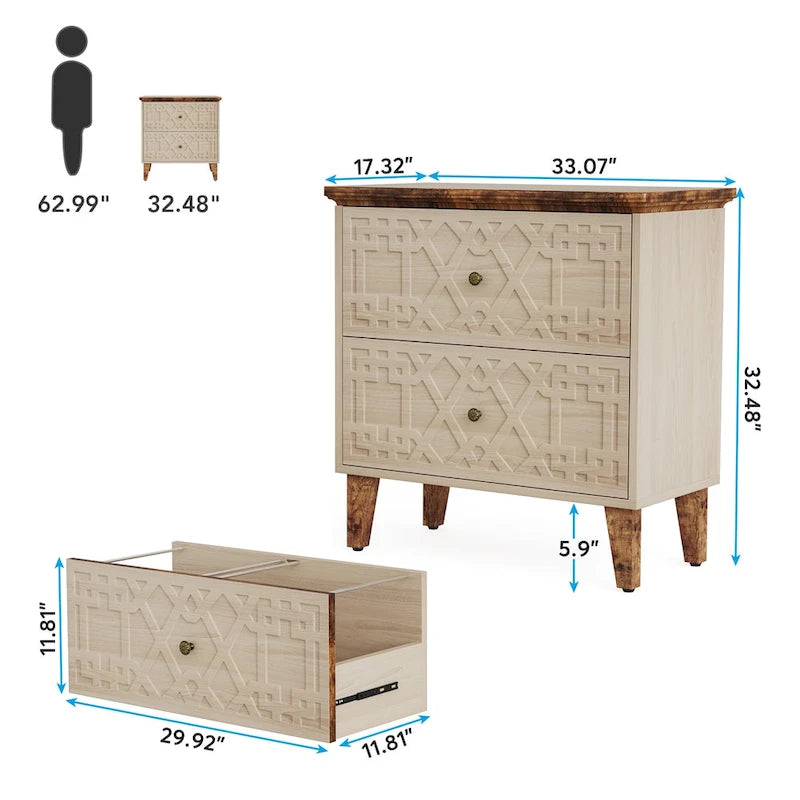 Seitlicher Aktenschrank mit 2 Schubladen, geometrischem Muster, beigefarbenem MDF und Beinen aus Massivholz