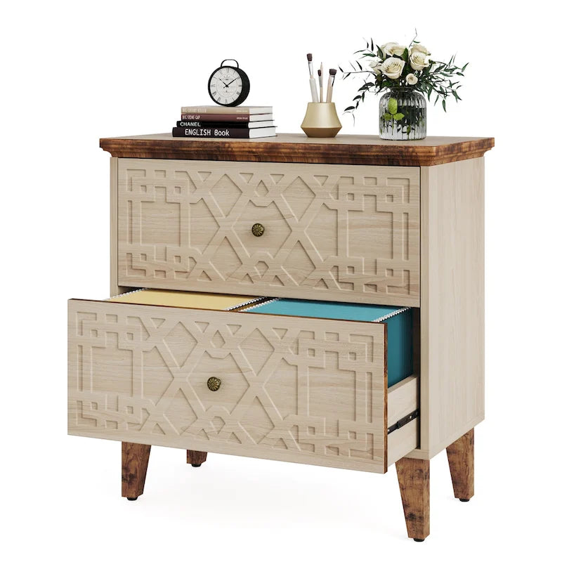 Seitlicher Aktenschrank mit 2 Schubladen, geometrischem Muster, beigefarbenem MDF und Beinen aus Massivholz