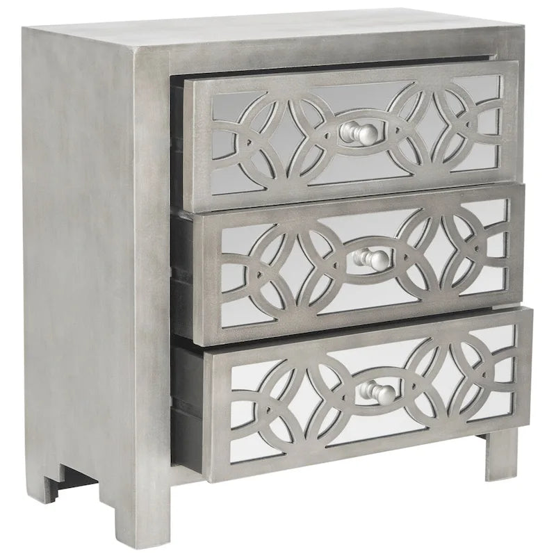 3-Drawer Chest Mirrored Guilloche Pattern Grey Glam Country Modern