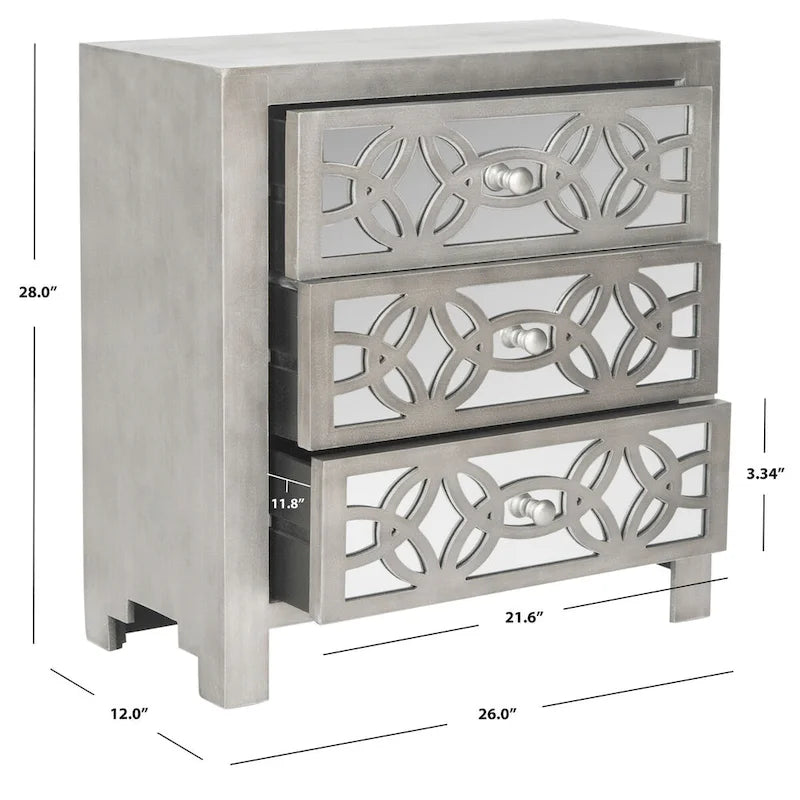 3-Drawer Chest Mirrored Guilloche Pattern Grey Glam Country Modern