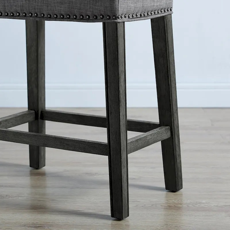Taburete de mostrador con asiento tapizado tipo silla de montar, ribete con tachuelas, patas de madera de caucho, sin respaldo