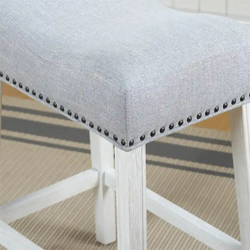 Taburete de mostrador con asiento tapizado tipo silla de montar, ribete con tachuelas, patas de madera de caucho, sin respaldo