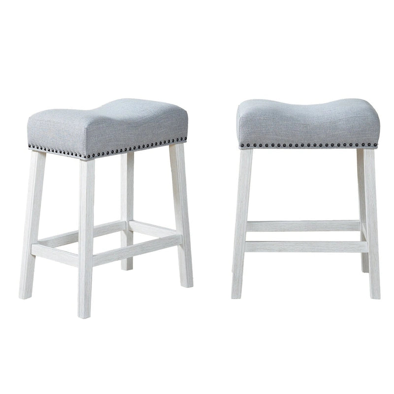 Taburete de mostrador con asiento tapizado tipo silla de montar, ribete con tachuelas, patas de madera de caucho, sin respaldo