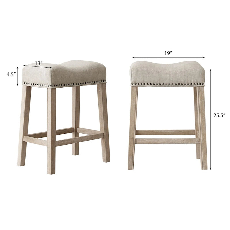 Taburete de mostrador con asiento tapizado tipo silla de montar, ribete con tachuelas, patas de madera de caucho, sin respaldo